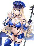  1girl azur_lane baltimore_(azur_lane) baltimore_(azur_lane)_(cosplay) baltimore_(finish_line_flagbearer)_(azur_lane) bikini black_bikini black_choker blonde_hair blue_bikini blue_eyes blue_footwear blue_headwear blue_jacket blue_shorts boots breasts chest_harness choker cleavage closed_mouth collarbone commentary_request cosplay cowboy_shot cropped_jacket damuko_(kxmx4323) detached_sleeves dolphin_wave flag gloves groin harness hat highleg highleg_bikini highres holding holding_pole jacket kirahoshi_kanna large_breasts long_hair looking_at_viewer micro_shorts mismatched_bikini navel open_hand peaked_cap pole race_queen shorts sidelocks simple_background single_bare_shoulder single_detached_sleeve single_glove single_sleeve skindentation smile solo standing standing_on_one_leg stomach swimsuit thigh_boots underbust very_long_hair wavy_hair white_background 