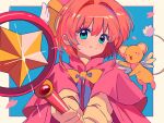  1girl aqua_eyes blue_background blush bow brown_hair cardcaptor_sakura female_child hair_between_eyes happy highres holding holding_wand kero kinomoto_sakura magical_girl sanamaru_(sana79261827) smile upper_body wand wings yellow_bow 