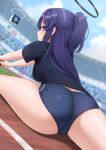  1girl ass black_shirt blue_archive blue_buruma blush breasts buruma drone english_commentary from_behind gym_shirt gym_uniform halo highres id_card jacket kurisu-kun lanyard long_hair looking_at_viewer looking_back mechanical_halo official_alternate_costume outdoors parted_lips ponytail purple_eyes purple_hair revision shirt short_sleeves solo stadium star_sticker sticker sticker_on_face stretching sweat sweaty_clothes yuuka_(blue_archive) yuuka_(track)_(blue_archive) 