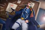  1boy absurdres another_eidos-r bara bart_(another_eidos) beard blue_eyes chest_belt coat coat_on_shoulders daji_takaishi_(takai_43) dutch_angle eyepatch facial_hair feet_out_of_frame gloves highres large_pectorals male_focus mature_male multicolored_hair muscular muscular_male mustache necktie pectorals pirate pointing short_hair single_glove solo standing streaked_hair thick_thighs thigh_strap thighs 