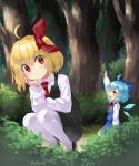  2girls ahoge araki_(qbthgry) arm_up artist_name black_footwear black_skirt black_vest blonde_hair blue_bow blue_dress blue_eyes blue_hair blush bow cirno closed_mouth collared_shirt dated detached_wings dress fairy forest hair_between_eyes hair_bow hair_ribbon highres ice ice_wings long_sleeves multiple_girls nature necktie open_mouth outdoors pantyhose pinafore_dress red_eyes red_necktie red_ribbon ribbon rumia shirt shoes short_hair signature skirt sleeveless sleeveless_dress smile touhou tree vest white_pantyhose white_shirt wings 