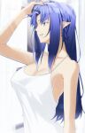  1girl blue_eyes blue_hair braid breasts cleavage collarbone commentary dress fate/stay_night fate_(series) from_side hand_on_own_head large_breasts long_hair medea_(fate) pointy_ears side_braid sleeveless sleeveless_dress solo tamamoice white_dress 