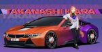  1girl ;d bag bare_shoulders belt car character_name commentary english_commentary english_text ex-trident forehead full_body handbag highres hololive hololive_english jacket long_hair motor_vehicle one_eye_closed orange_hair purple_eyes see-through smile solo sports_car takanashi_kiara very_long_hair virtual_youtuber 