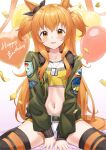  1girl :d animal_ears balloon belt blush bomber_jacket breasts brown_ribbon brown_thighhighs collarbone commentary_request confetti crop_top dog_tags dusu_(htkj) ear_ribbon green_belt green_jacket hair_between_eyes happy_birthday heart_balloon highres horse_ears horse_girl horse_tail jacket long_hair long_sleeves looking_at_viewer mayano_top_gun_(umamusume) midriff navel open_mouth orange_eyes orange_hair ribbon shadow shirt short_shorts shorts sidelocks sitting skindentation small_breasts smile solo tail thighhighs two_side_up umamusume wariza white_shorts yellow_shirt 