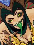  1girl black_eyeshadow black_sclera breasts cassiopeia_(league_of_legends) claw_(weapon) cleavage colored_sclera colored_tongue eyeshadow fangs forked_tongue green_tongue highres kawaguti_kappa league_of_legends looking_at_viewer makeup open_mouth sharp_teeth slit_pupils smile snake_girl solo teeth tongue tongue_out upper_body weapon yellow_eyes 