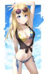  1girl arm_up armpits bikini blonde_hair blue_eyes blue_nails blue_sky breasts day highres long_hair looking_at_viewer medium_breasts morros nail_polish navel original sky smile solo sunglasses swimsuit v 