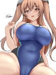  1girl alternate_costume black_one-piece_swimsuit blue_one-piece_swimsuit blush breasts brown_eyes cleavage competition_swimsuit covered_navel dated hair_between_eyes highleg highleg_swimsuit highres impossible_clothes impossible_swimsuit johnston_(kancolle) kantai_collection large_breasts light_brown_hair long_hair looking_at_viewer montemasa multicolored_clothes multicolored_swimsuit one-hour_drawing_challenge one-piece_swimsuit open_mouth simple_background sitting smile solo swimsuit twitter_username two-tone_swimsuit two_side_up white_background 