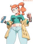  1girl aqua_eyes aqua_nails aqua_shirt artist_name ass_visible_through_thighs breasts brown_coat coat collarbone eyewear_removed hair_ornament heart heart_hair_ornament highres holding holding_removed_eyewear large_breasts midriff orange-tinted_eyewear orange_hair pokemon pokemon_(game) pokemon_swsh ribbed_shirt shirt side_ponytail sleeves_past_elbows solo sonia_(pokemon) sunglasses swept_bangs tinted_eyewear tobias_wheller v-neck 