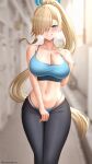  1girl absurdres asuna_(blue_archive) black_pants blonde_hair blue_archive blue_eyes blurry blurry_background blush breasts breath cleavage clothes_pull collarbone commentary curvy english_commentary eyelashes floating_hair grin hair_over_one_eye hallway halo hand_on_own_chest highres large_breasts long_hair looking_at_viewer navel panties pants pants_pull rayleigh_scale sidelocks signature smile sports_bra sportswear stomach sweat underwear very_long_hair wet wet_hair wide_hips 