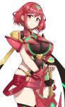  1girl blush breasts chest_jewel core_crystal_(xenoblade) crystal earrings fingerless_gloves gem gloves headpiece highres jewelry large_breasts looking_at_viewer pyra_(xenoblade) red_eyes red_hair short_hair shorts skindentation smile solo swept_bangs thighs tiara xenoblade_chronicles_(series) xenoblade_chronicles_2 yamadahats44685 