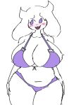  anthro big_breasts blush blush_lines boss_monster bovid breasts caprine clothing cupholders eyelashes fangs female floppy_ears fur goat horn huge_breasts lop_ears mammal navel open_mouth overweight overweight_female purple_clothing purple_eyes purple_swimwear simple_background solo swimwear teeth thick_thighs toriel undertale undertale_(series) white_background white_body white_fur wide_hips 