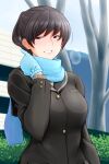  1girl amagami black_eyes black_hair blue_scarf blush breasts commentary_request highres kibito_high_school_uniform large_breasts looking_at_viewer looking_back outdoors parted_lips ponytail sasaki_akira_(ugc) scarf school_uniform smile solo tsukahara_hibiki 