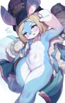  1girl absurdres animal_ears animal_nose arm_up armpits blonde_hair blue_fur blush bow bowtie chinese_commentary coat commentary_request dated furry furry_female genshin_impact hand_up highres innerkey_(kgfw5338) long_sleeves looking_at_viewer melusine_(genshin_impact) multicolored_fur navel no_nipples no_pussy nude open_mouth parted_bangs pink_bow pink_bowtie pink_fur purple_eyes short_hair signature solo white_fur 
