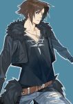  1boy belt black_fur black_jacket black_shirt blue_background blue_eyes brown_hair denim expressionless final_fantasy final_fantasy_viii fur-trimmed_jacket fur_trim highres jacket jeans jewelry leather_belt male_focus necklace nini_tw99 open_clothes open_jacket pants scar scar_on_face scar_on_forehead shirt short_hair simple_background solo squall_leonhart torn_clothes torn_jeans torn_pants v-neck 