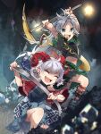  2girls barefoot black_shirt black_skirt blue_dress blue_eyes blue_ribbon closed_eyes dress grey_hair highres himemushi_momoyo holding holding_pickaxe holding_spoon horn_ornament horn_ribbon horns long_hair multiple_girls open_mouth pickaxe red_horns ribbon sharp_teeth sheep_horns shirt short_hair short_sleeves shovel signature skirt smile spoon teeth touhou toutenkou toutetsu_yuuma 