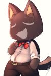  anthro belt black_body black_fur bow_tie clothing domestic_cat eyes_closed felid feline felis fur hi_res kuro_(doko_demo_issho) male mammal open_mouth smile solo suit wolfaroonii 