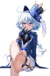  1girl :d absurdres ahoge ascot barefoot black_ascot blue_eyes blue_headwear blue_jacket brooch commentary_request feet foot_out_of_frame furina_(genshin_impact) genshin_impact hair_intakes hat highres jacket jewelry long_hair looking_at_viewer open_clothes open_jacket open_mouth radoremo simple_background sitting sky smile soles solo thigh_strap top_hat very_long_hair white_background white_hair 