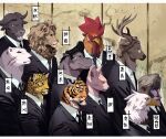  2023 accipitrid accipitriform anthro avian beak bird black_body black_clothing black_ears black_fur black_necktie black_topwear bovid business_attire business_suit chicken classy clothing deer domestic_cat eagle eyewear feathers felid feline felis formal_attire formal_clothing formal_suit formal_wear fur galliform gallus_(genus) glasses group hair hairless hairless_cat haplorhine hi_res hippopotamid large_group leopard lion lljh male mammal mandrill mane mane_hair monkey necktie old_world_monkey orange_body orange_fur pantherine phasianid primate sphynx_(cat) spots spotted_body spotted_fur spotted_head striped_body striped_fur striped_head stripes suit suit_and_tie tan_body tan_fur tan_hair text tiger topwear white_body white_clothing white_ears white_feathers white_topwear yellow_beak yellow_body yellow_fur 