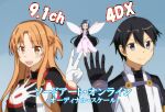  1boy arm_up asuna_(sao) black_gloves blue_background countdown dress gloves hand_on_own_chest hanons_33 kirito orange_hair pink_dress sword_art_online sword_art_online_the_movie:_ordinal_scale yui_(sao) 