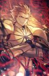  1boy armor blonde_hair crossed_arms dynamitenatalia earrings fate/zero fate_(series) furrowed_brow gilgamesh_(fate) gold_armor jewelry magic male_focus parted_lips red_eyes short_hair signature solo 