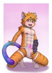  2022 abs anthro band-aid band-aid_on_nipple bandage blonde_hair blush border bulge bulge_fondling chain cheek_tuft clothed clothing cosmic_tail domestic_cat erection erection_under_clothing facial_tuft felid feline felis fingerless_gloves footprint footwear front_view full-length_portrait genital_outline gloves glowing glowing_tattoo green_eyes hair handwear heart_catchlight hi_res holding_bulge holding_tail jockstrap kneeling looking_at_viewer male mammal muscular muscular_male navel open_mouth open_smile orange_stripes pawprint pawprint_marking pecs penis_outline pink_background pink_nose pink_tattoo ponytail portrait seductive simple_background skimpy smile socks solo spread_legs spreading stripes tail tattoo timothy_furry tuft underwear white_border white_clothing white_footwear white_jockstrap white_socks white_underwear womb_tattoo 