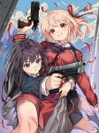  2girls aiming black_hair blonde_hair blue_dress blue_ribbon blue_sky blush bob_cut building city cityscape closed_mouth cloud cloudy_sky day dress finger_on_trigger from_below grey_dress gun hair_ribbon handgun highres holding holding_gun holding_weapon hug hug_from_behind inoue_takina kink_(tortoiseshell) long_hair long_sleeves lycoris_recoil lycoris_uniform multiple_girls neck_ribbon nishikigi_chisato open_mouth outdoors pleated_dress purple_eyes red_dress red_eyes red_ribbon ribbon short_hair sky smile two-tone_dress weapon 