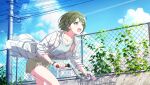  1girl bicycle bicycle_basket blue_sky bracelet brown_eyes cloud day foliage green_hair idolmaster idolmaster_shiny_colors jewelry long_sleeves nanakusa_nichika official_art open_mouth outdoors riding riding_bicycle shirt short_hair skirt sky solo sweat utility_pole wind 