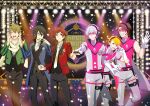  6+boys ahoge black_pants blonde_hair blue_eyes brown_hair closed_eyes confetti dramatic_stars_(idolmaster) facial_hair finger_gun fingernails glasses gloves goatee green_hair grey_hair hair_between_eyes hazama_michio headset idolmaster idolmaster_side-m kashiwagi_tsubasa maita_rui male_focus multiple_boys necktie official_art one_eye_closed pants red_hair s.e.m_(idolmaster) sakuraba_kaoru scarf sleeveless smile stage_lights tendo_teru white_gloves yamashita_jiro 