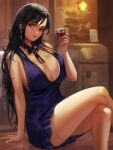 1girl arm_support bare_arms bare_legs black_hair blue_dress breasts brick_wall brown_eyes choker cleavage cocktail_dress crescent crescent_earrings crossed_legs cup dress drinking_glass earrings english_commentary feet_out_of_frame final_fantasy final_fantasy_vii final_fantasy_vii_remake highres holding holding_cup indoors ja_mong jewelry large_breasts long_hair looking_at_viewer official_alternate_costume ribbon_choker short_dress sitting solo tifa_lockhart tifa_lockhart&#039;s_refined_dress 
