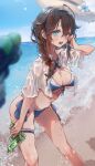  1girl beach blue_eyes blush breasts brown_hair cleavage collared_shirt feet_out_of_frame hair_between_eyes hat highres holding holding_water_gun kantai_collection large_breasts long_hair nsvel ocean official_alternate_costume open_clothes open_mouth open_shirt ruohire9 shigure_(kancolle) shigure_kai_san_(kancolle) shirt solo straw_hat thigh_strap water_gun wet wet_clothes wet_shirt white_shirt 