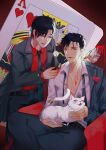  2boys bai_qiulin_(my_house_of_horrors) belt black_necktie black_pants blood blood_on_chest blood_on_face cat chair character_request chen_ge cigarette dice doufujintianxianle gradient_hair king_of_hearts_(card) lighter mouth_hold multicolored_hair multiple_boys my_house_of_horrors necktie open_clothes open_shirt pants pinstripe_pattern pinstripe_suit red_eyes red_hair red_shirt shirt sitting smoking striped suit undone_necktie 