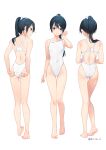  1girl ass bare_arms bare_legs bare_shoulders barefoot black_eyes black_hair closed_mouth commission competition_swimsuit from_behind full_body groin houshou_(kancolle) kantai_collection koruri long_hair looking_at_viewer multiple_views one-piece_swimsuit open_mouth ponytail simple_background skeb_commission smile swimsuit twitter_username wet wet_clothes wet_swimsuit white_background white_one-piece_swimsuit 