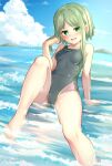  1girl adworse black_one-piece_swimsuit blue_sky cloud commentary_request competition_swimsuit day green_eyes green_hair multicolored_clothes multicolored_swimsuit ocean one-piece_swimsuit outdoors short_hair short_hair_with_long_locks sitting sky solo swimsuit teireida_mai touhou water 