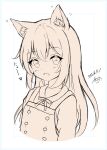  1girl animal_ear_fluff animal_ears asashio_(kancolle) blush brown_theme cat_ears collared_shirt commentary_request cropped_torso dakkusu dated dress fang hair_between_eyes highres kantai_collection kemonomimi_mode long_hair looking_at_viewer monochrome open_mouth pinafore_dress shirt signature simple_background sleeveless sleeveless_dress solo translation_request upper_body very_long_hair white_background 