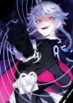  1boy black_gloves blue_hair cape crazy_eyes crazy_smile dark_background eyelashes fangs foreshortening gloves grey_hair heart highres hirokuncaws holostars holostars_english looking_at_viewer male_focus multiple_hairpins octavio pink_eyes puppet_strings shaded_face short_hair smile standing teeth tri_braids twitter_username upper_body upper_teeth_only virtual_youtuber 