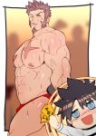  1boy abs aroused bara biceps bikini_briefs blue_eyes blush bodybuilder brown_hair bulge cheering facial_hair fate/grand_order fate_(series) feet_out_of_frame flexing from_side fujimaru_ritsuka_(male) goatee holding holding_money large_pectorals long_sideburns male_focus male_underwear mature_male money muscular muscular_male napoleon_bonaparte_(fate) naughty_face navel nikuo_(29niku) nipples one_eye_closed pectorals red_male_underwear seductive_smile short_hair sideburns smile solo_focus stomach stripper sweat thighs topless_male triceps underwear veins veiny_arms yaoi 