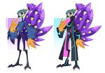  2023 absurd_res ambiguous_gender anthro avian beak bird blue_body blue_eyes blue_feathers clothed clothing crotch_tuft doodledox feather_markings feathers footwear full-length_portrait galliform hi_res jacket markings nervous_expression orange_body orange_feathers peafowl phasianid portrait purple_body purple_feathers simple_background solo standing tail_feathers talons topwear tuft wings 