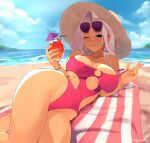  1girl beach blue_eyes blue_sky blush breasts closed_mouth cloud collarbone commentary cup day drink english_commentary eyewear_on_head hat holding holding_cup june_(squeezable) large_breasts long_hair looking_at_viewer lying mole mole_on_breast mole_under_eye ocean on_side one-piece_swimsuit one_eye_closed original outdoors red_one-piece_swimsuit sky smile solo squeezable_(artist) straw_hat sunglasses swimsuit thighs white_hair 