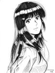 1girl absurdres black_hair from_side greyscale head_tilt highres light_smile long_hair looking_at_viewer monochrome original signature simple_background sketch solo twitter_username upper_body white_background yukikaze_(isamiashi) 