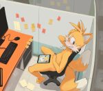  2023 2_tails anthro bat blush blush_lines breasts canid canine chair clenched_teeth computer computer_keyboard computer_mouse convenient_censorship covering covering_breasts covering_self cubicle duo edtropolis female fox fur furniture half-closed_eyes hand_on_head hand_on_stomach hi_res keyboard looking_aside looking_away male mammal miles_prower mouth_closed multi_tail narrowed_eyes nervous nervous_smile nude nude_anthro nude_female nude_male office_chair photo post-it_note rouge_the_bat sega signature sitting smile sonic_the_hedgehog_(series) spread_legs spreading tail teeth wide_eyed 