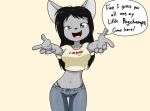  2021 anthro black_eyes black_hair bottomwear breasts clothing crop_top denim denim_clothing dialogue digital_drawing_(artwork) digital_media_(artwork) domestic_cat english_text eyelashes felid feline felis female fingers fur grey_body grey_fur hair jeans long_hair looking_at_viewer mammal meme midriff navel open_mouth pants sandwich-anomaly shirt simple_background smile solo spread_arms talking_to_viewer tan_background text thong_straps tongue topwear ugh_fine_i_guess_you_are_my_little_pogchamp vanessa_(sandwich-anomaly) 