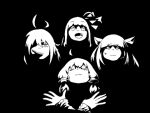  4girls :| album_cover_redraw antenna_hair blunt_bangs bohemian_rhapsody cigarette closed_eyes closed_mouth commentary_request cropped_head derivative_work fang furrowed_brow greyscale hair_ribbon headgear high_contrast kotonoha_akane looking_ahead looking_at_viewer lowres monochrome mouth_hold multiple_girls open_mouth parody queen_(band) raised_eyebrows ribbon serious sidelocks simple_background sweatdrop tmasyumaro touhoku_kiritan tsurumaki_maki vocaloid voiceroid x_arms yuzuki_yukari 