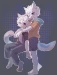 4_fingers 4_toes anthro barefoot biped clothing duo embrace feet fingers hi_res hug looking_at_viewer male male/male ningning open_mouth simple_background toes white_body 