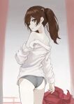  1girl ass brown_eyes brown_hair from_behind grey_panties hair_between_eyes highres kantai_collection long_hair long_sleeves looking_at_viewer looking_back nito_(nshtntr) off_shoulder pale_skin panties parted_lips ryuujou_(kancolle) shirt solo twintails underwear unworn_clothes white_shirt 