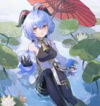  1girl acryyy ahoge black_gloves black_pantyhose blue_hair chinese_clothes ganyu_(genshin_impact) genshin_impact gloves highres horns light_blue_hair lily_pad oil-paper_umbrella open_mouth pantyhose purple_eyes red_umbrella sheep_horns sitting solo tight_clothes umbrella water 