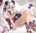  1girl bare_shoulders blush breasts broken_horn duel_monster flaming_skull full_body geta gloves hair_between_eyes henntai highres horns japanese_clothes knees_up long_hair looking_at_viewer medium_breasts obi ponytail red_blossoms_from_underroot red_eyes sandals sash sitting skull solo very_long_hair white_gloves white_hair yu-gi-oh! 
