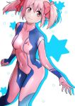  1girl bodysuit breasts commentary commission commissioner_upload cosplay highres kaname_madoka looking_at_viewer mahou_shoujo_madoka_magica medium_breasts metroid pink_bodysuit pink_eyes pink_hair samus_aran samus_aran_(cosplay) short_twintails skeb_commission skin_tight smile solo twintails zakometti zero_suit 