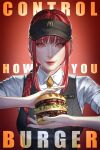  1girl braid brand_name_imitation burger chainsaw_man closed_mouth collared_shirt employee_uniform english_text fast_food_uniform food highres holding holding_food long_hair looking_at_viewer makima_(chainsaw_man) mcdonald&#039;s necktie orange_eyes parody red_hair shirt single_braid smile uniform vest wandzardeen white_shirt yellow_necktie 