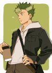  1boy artist_name black_jacket blue_eyes brown_pants coffee_cup cup disposable_cup earrings eiyuu_densetsu green_background green_hair hand_on_own_hip holding holding_cup hood hoodie jacket jewelry kevin_graham male_focus open_clothes open_jacket pants sawaponu3 sen_no_kiseki short_hair simple_background solo white_hoodie 