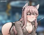  1girl animal_ears artist_name ass bags_under_eyes bent_over black_panties blurry blurry_background blush breasts brown_shirt cat_ears cleavage closed_mouth collarbone commentary cum cum_on_hair cum_on_lips cum_string english_commentary facial girls&#039;_frontline hair_between_eyes highres kushishekku lab_coat long_hair no_pants one_eye_closed panties partially_unbuttoned patreon_username persica_(girls&#039;_frontline) pink_hair red_eyes shirt small_breasts solo underwear v-shaped_eyebrows variant_set 